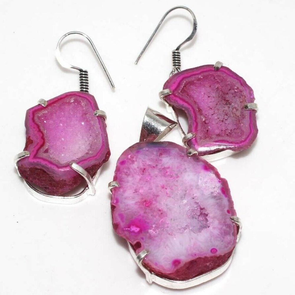 Agate Geode 925 Silver Plated Pendant & Earrings Pink Vintage Set